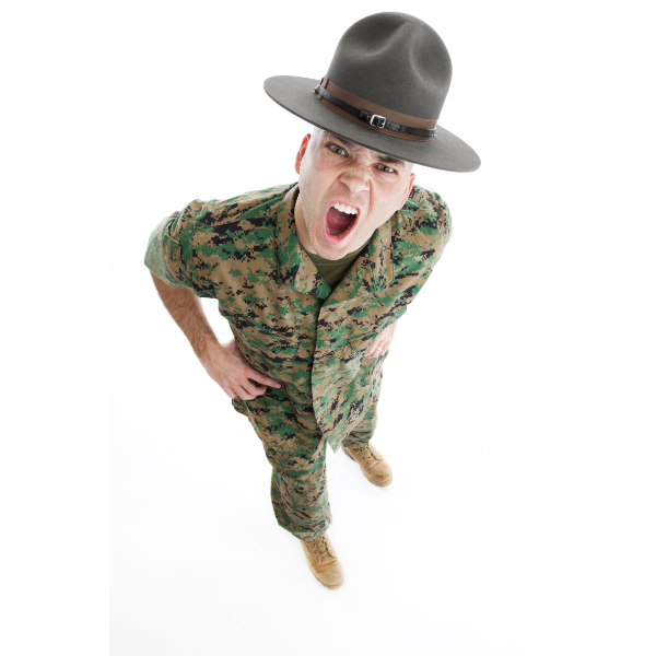 image of drill sergeant in military fatigues with an angry face and open mouth