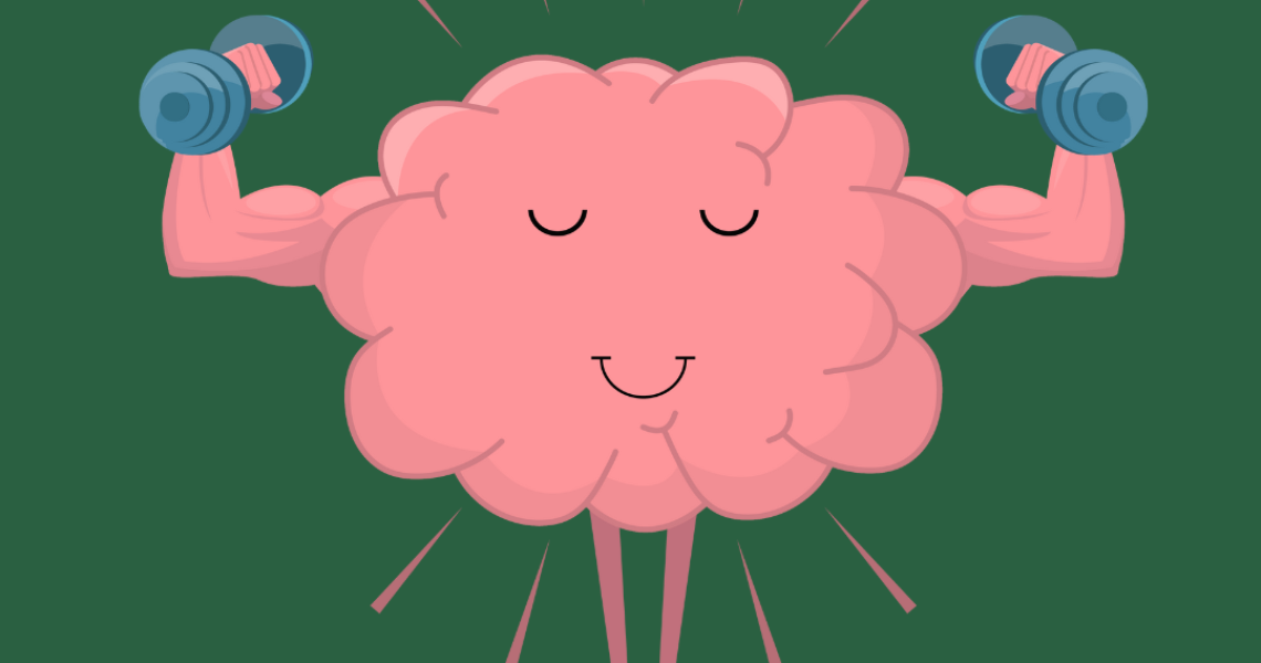 image of graphic pink smiling brain flexing a pair of dumbbells